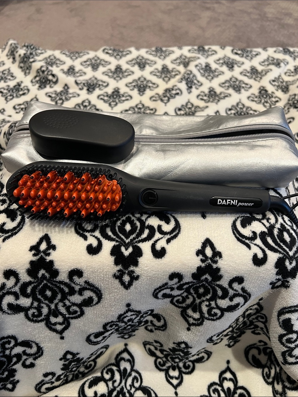 DAFNI Power Heated Hair Straightening Brush in Black with Orange Bristles